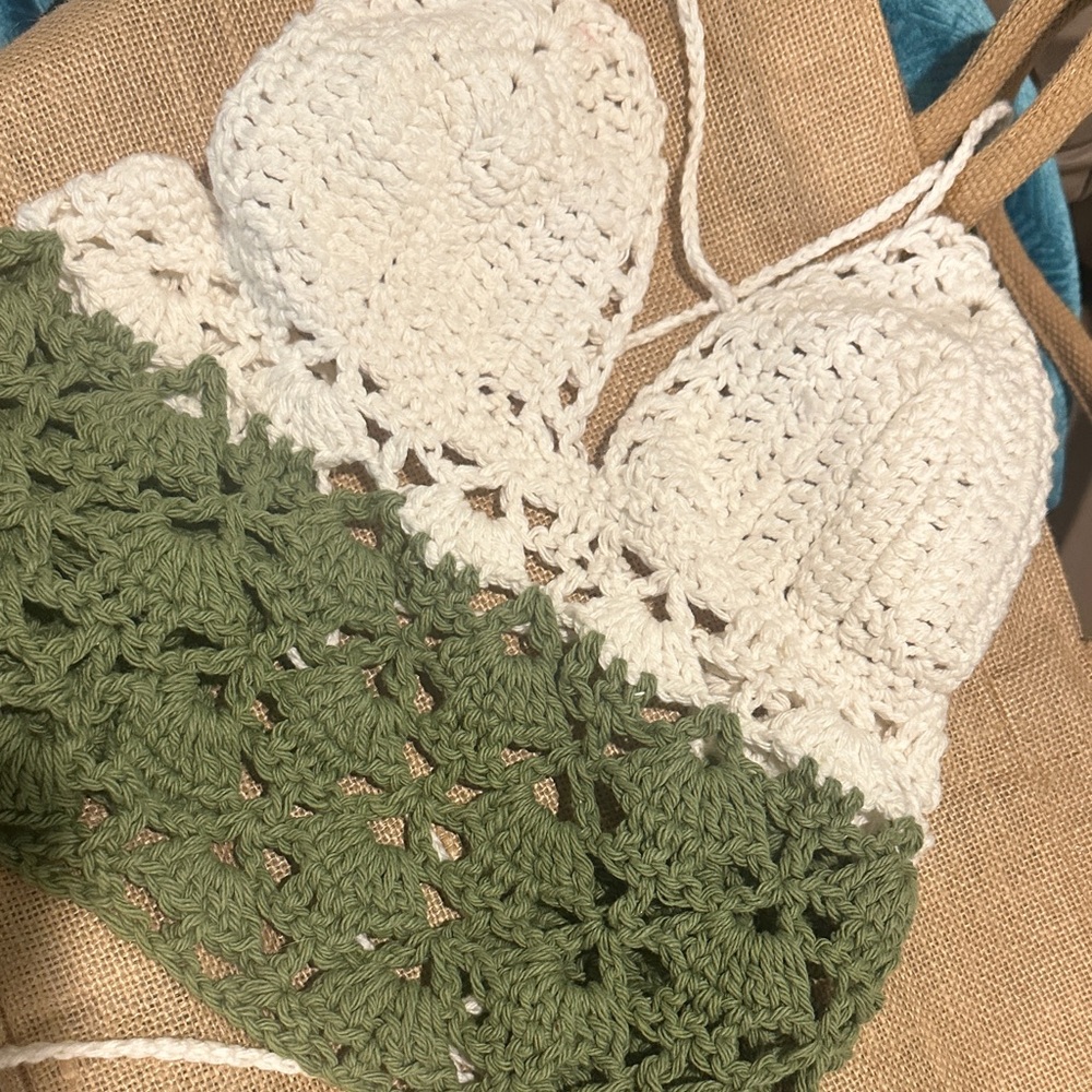 Crochet Bikini Top in Cream and Green